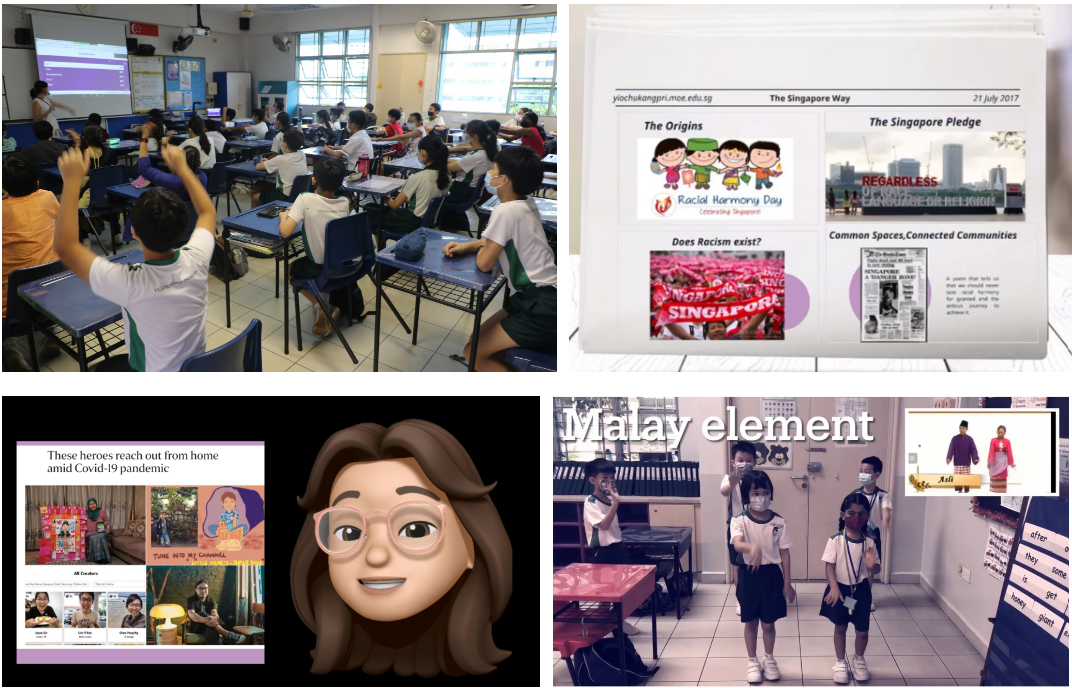 Four panels showing Singapore school scenes: a classroom, a Racial Harmony Day slide, an avatar, and masked students in a Malay element lesson.